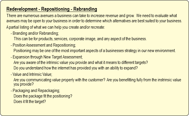 Redevelopment - Repositioning - Rebranding
There are numerous avenues a business can take to increase revenue and grow. We need to evaluate what avenues may be open to your business in order to determine which alternatives are best suited to your business.
A partial listing of what we can help you create and/or recreate:
- Branding and/or Rebranding;
This can be for products, services, corporate image, and any aspect of the business.
- Position Assessment and Repositioning;
Positioning may be one of the most important aspects of a businesses strategy in our new environment.
- Expansion through New Target Assessment;
Are you aware of the intrinsic value you provide and what it means to different targets? Do you understand how the internet has provided you with an ability to expand?
- Value and Intrinsic Value;
Are you communicating value properly with the customer? Are you benefitting fully from the instrinsic value you provide?
- Packaging and Repackaging;
Does the package fit the positioning?
Does it fit the target?
