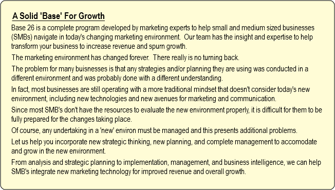 A Solid 'Base' For Growth
Base 26 is a complete program developed by marketing experts to help small and medium sized businesses (SMBs) navigate in today's changing marketing environment. Our team has the insight and expertise to help transform your business to increase revenue and spurn growth.
The marketing environment has changed forever. There really is no turning back.
The problem for many buisnesses is that any strategies and/or planning they are using was conducted in a different environment and was probably done with a different understanding. In fact, most businesses are still operating with a more traditional mindset that doesn't consider today's new environment, including new technologies and new avenues for marketing and communication.
Since most SMB's don't have the resources to evaluate the new environment properly, it is difficult for them to be fully prepared for the changes taking place.
Of course, any undertaking in a 'new' environ must be managed and this presents additional problems.
Let us help you incorporate new strategic thinking, new planning, and complete management to accomodate and grow in the new environment.
From analysis and strategic planning to implementation, management, and business intelligence, we can help SMB's integrate new marketing technology for improved revenue and overall growth.
