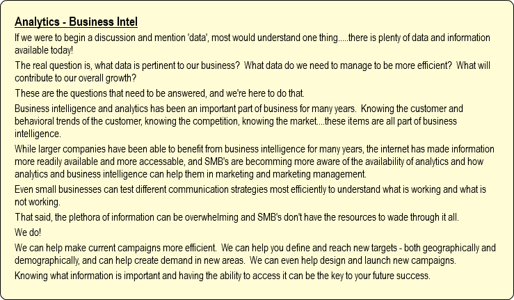 Analytics - Business Intel
If we were to begin a discussion and mention 'data', most would understand one thing.....there is plenty of data and information available today! The real question is, what data is pertinent to our business? What data do we need to manage to be more efficient? What will contribute to our overall growth? These are the questions that need to be answered, and we're here to do that.
Business intelligence and analytics has been an important part of business for many years. Knowing the customer and behavioral trends of the customer, knowing the competition, knowing the market....these items are all part of business intelligence.
While larger companies have been able to benefit from business intelligence for many years, the internet has made information more readily available and more accessable, and SMB's are becomming more aware of the availability of analytics and how analytics and business intelligence can help them in marketing and marketing management. Even small businesses can test different communication strategies most efficiently to understand what is working and what is not working.
That said, the plethora of information can be overwhelming and SMB's don't have the resources to wade through it all.
We do!
We can help make current campaigns more efficient. We can help you define and reach new targets - both geographically and demographically, and can help create demand in new areas. We can even help design and launch new campaigns.
Knowing what information is important and having the ability to access it can be the key to your future success.