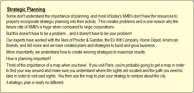 Strategic Planning
Some don't understand the importance of planning, and most of today's SMB's don't have the resources to properly incorporate strategic planning into their activity. This creates problems and is one reason why the failure rate of SMB's is huge when compared to large corporations.
But this doesn't have to be a problem....and it doesn't have to be your problem!
Our experts have worked with the likes of Procter & Gamble, the Eli Witt Company, Home Depot, American Brands, and still more and we have created plans and strategies to build and grow business.
More importantly, we understand how to create winning strategies to maximize results.
How is planning important?
Think of the importance of a map when you travel. If you visit Paris, you're probably going to get a map in order to find your way around and make sure you understand where the sights are located and the path you need to take in order to visit said sights. You then use the map to plan your strategy to venture about the city. A strategic plan is really no different.